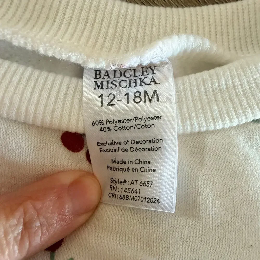 Badgley Mischka Girls Cherry White Sweat Suit Set Lounge 12-18 Months